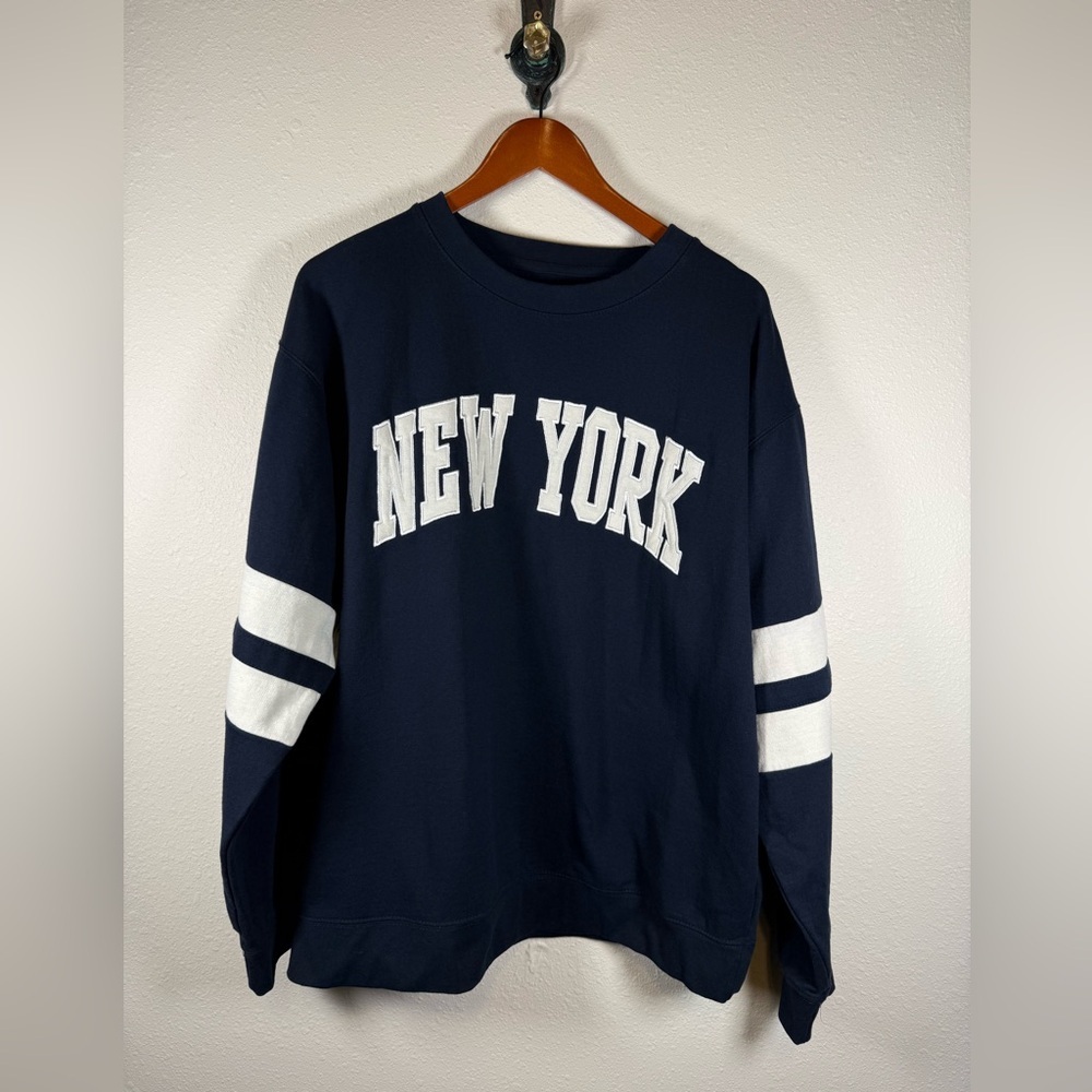 New York Popular Sweatshirt Womans XL Navy White Striped Sleeves Academia Preppy